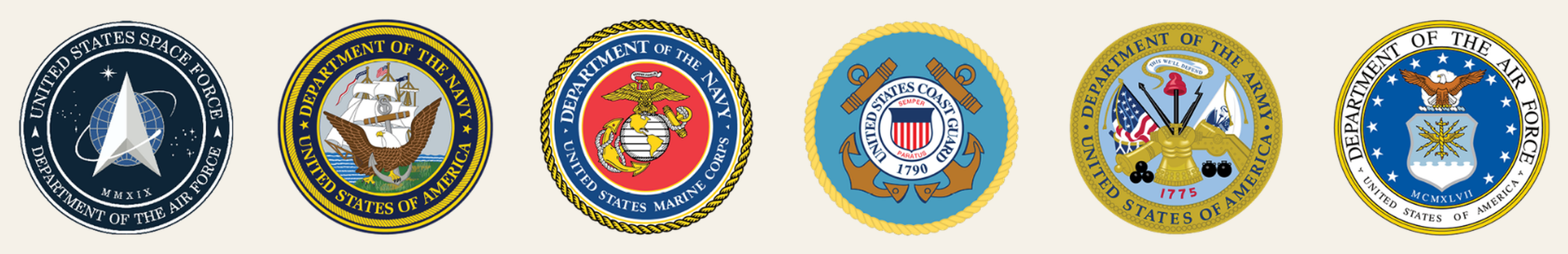 Official seals of the U.S. Space Force, Navy, Marine Corps, Coast Guard, Army, and Air Force
